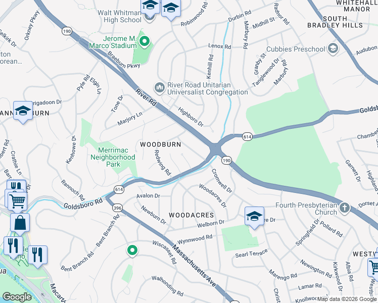 map of restaurants, bars, coffee shops, grocery stores, and more near 6310 Haviland Drive in Bethesda