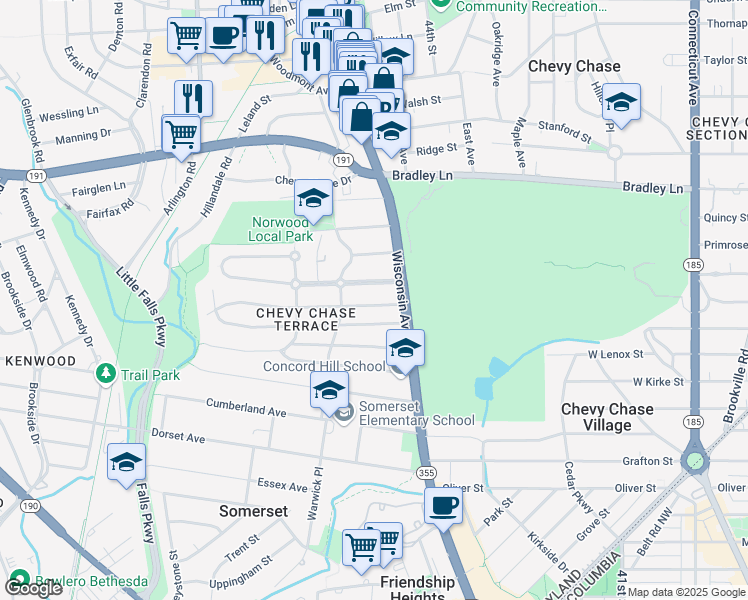 map of restaurants, bars, coffee shops, grocery stores, and more near 4613 Morgan Drive in Chevy Chase