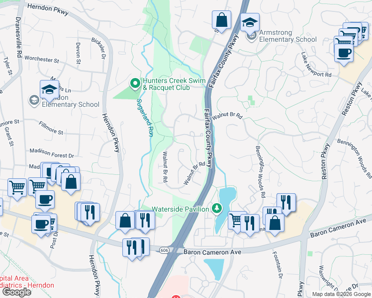map of restaurants, bars, coffee shops, grocery stores, and more near 28 Sierra Woods Drive in Reston