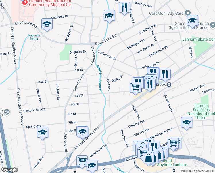 map of restaurants, bars, coffee shops, grocery stores, and more near 6308 93rd Avenue in Lanham