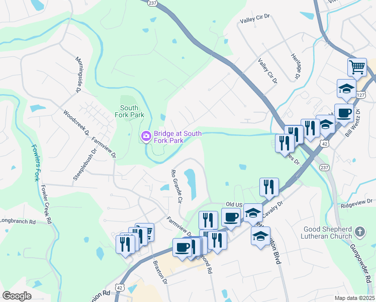 map of restaurants, bars, coffee shops, grocery stores, and more near 33 Rio Grande Circle in Florence