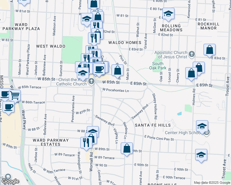 map of restaurants, bars, coffee shops, grocery stores, and more near 17 West Pocahontas Lane in Kansas City