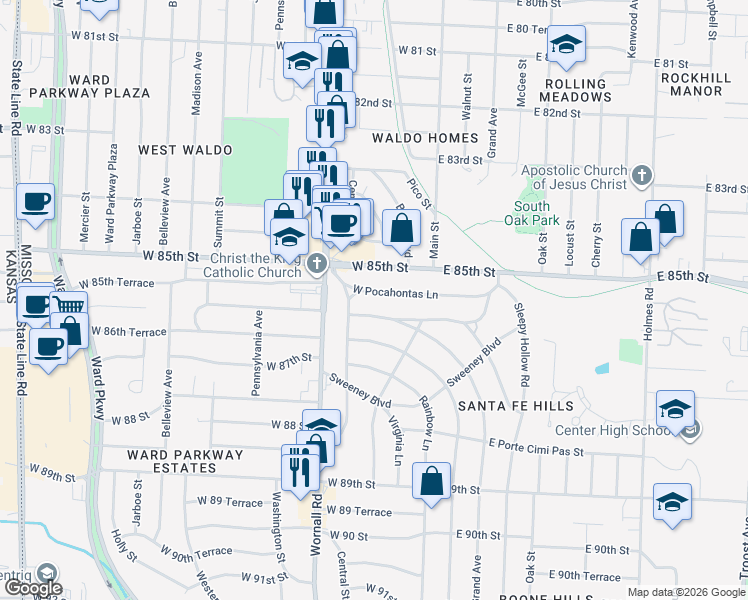 map of restaurants, bars, coffee shops, grocery stores, and more near 119 West Pocahontas Lane in Kansas City