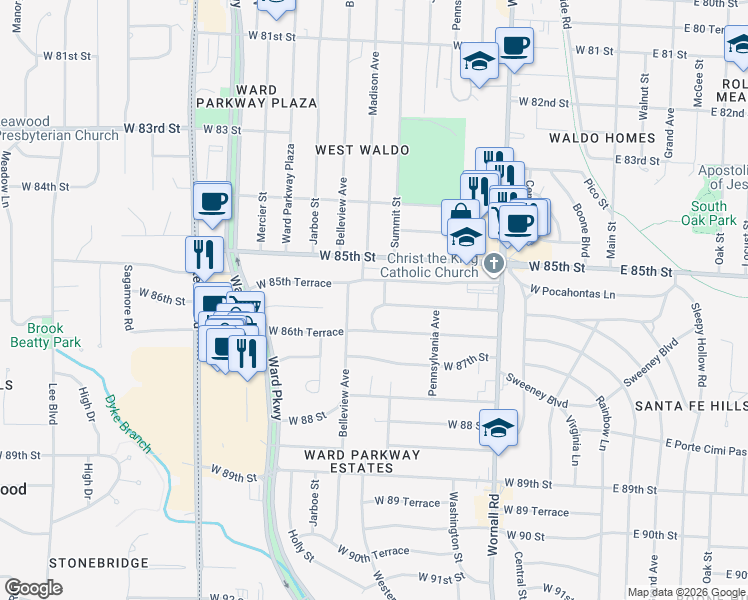 map of restaurants, bars, coffee shops, grocery stores, and more near 8600 Summit Street in Kansas City