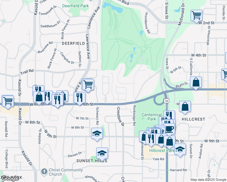 map of restaurants, bars, coffee shops, grocery stores, and more near 2 Graystone Drive in Lawrence