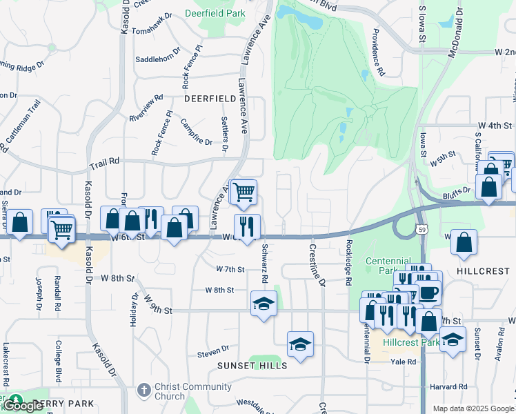 map of restaurants, bars, coffee shops, grocery stores, and more near 3000 West 6th Street in Lawrence