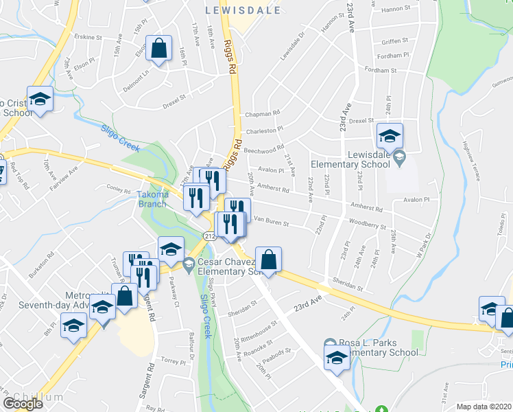 map of restaurants, bars, coffee shops, grocery stores, and more near 2001 Woodberry Street in Hyattsville