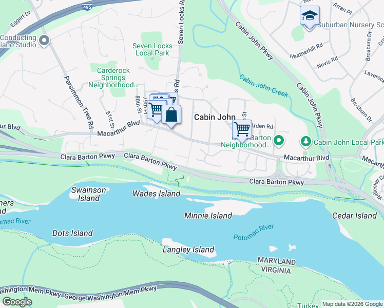 map of restaurants, bars, coffee shops, grocery stores, and more near 6421 78th Street in Cabin John