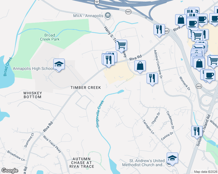 map of restaurants, bars, coffee shops, grocery stores, and more near 2720 Cabernet Lane in Annapolis