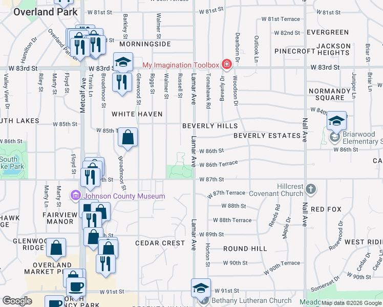map of restaurants, bars, coffee shops, grocery stores, and more near 8600 Lamar Avenue in Overland Park