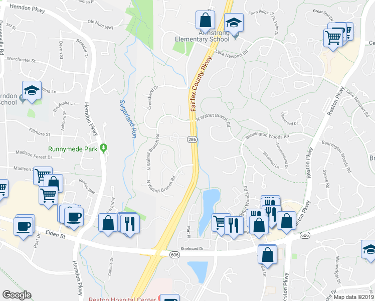 map of restaurants, bars, coffee shops, grocery stores, and more near 1633 Purple Sage Drive in Reston