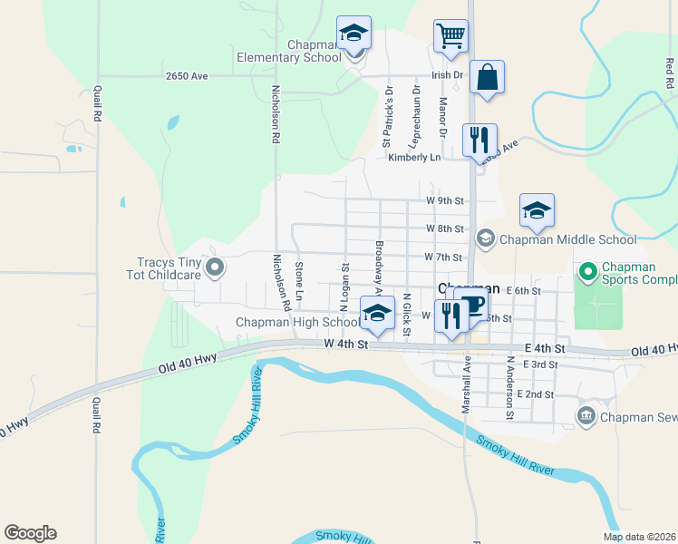 map of restaurants, bars, coffee shops, grocery stores, and more near 613 North Logan Street in Chapman