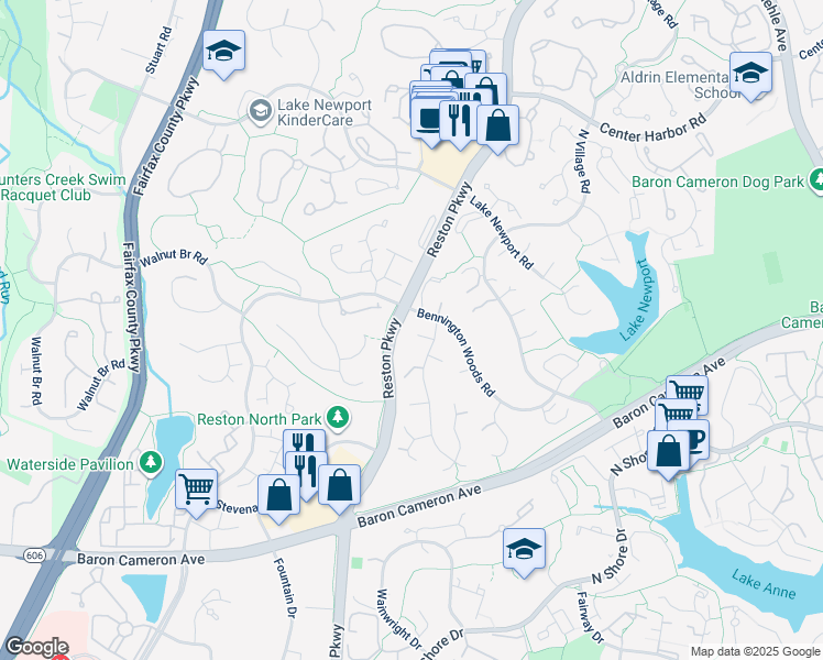 map of restaurants, bars, coffee shops, grocery stores, and more near 1594 Stowe Road in Reston