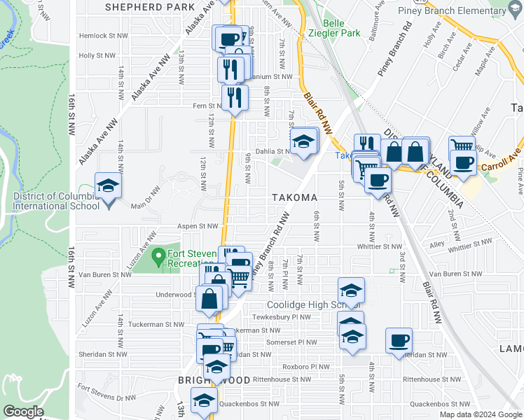 map of restaurants, bars, coffee shops, grocery stores, and more near 6812 8th Street Northwest in Washington
