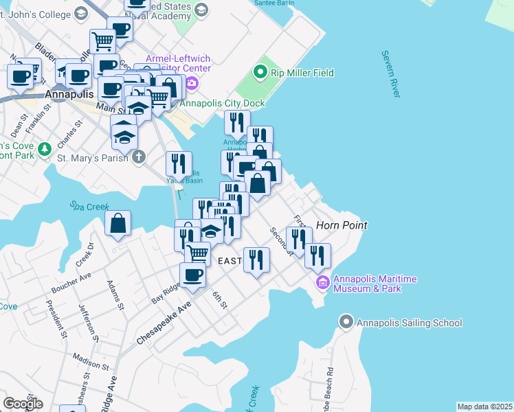 map of restaurants, bars, coffee shops, grocery stores, and more near 130 Severn Avenue in Annapolis
