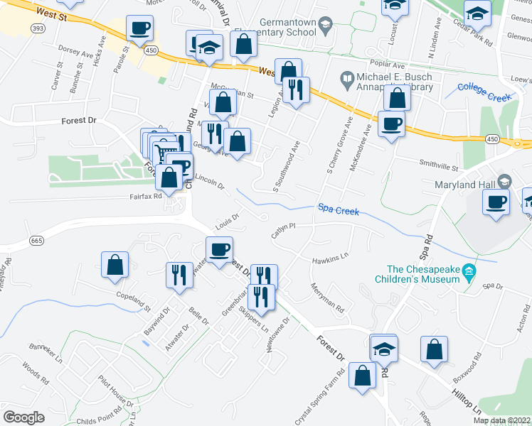 map of restaurants, bars, coffee shops, grocery stores, and more near 1790 Lincoln Drive in Annapolis