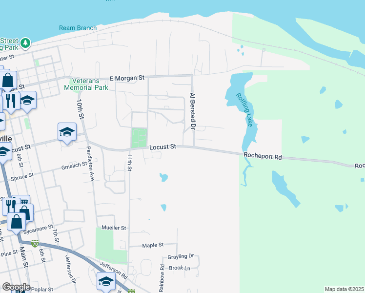 map of restaurants, bars, coffee shops, grocery stores, and more near 1306 Locust Street in Boonville