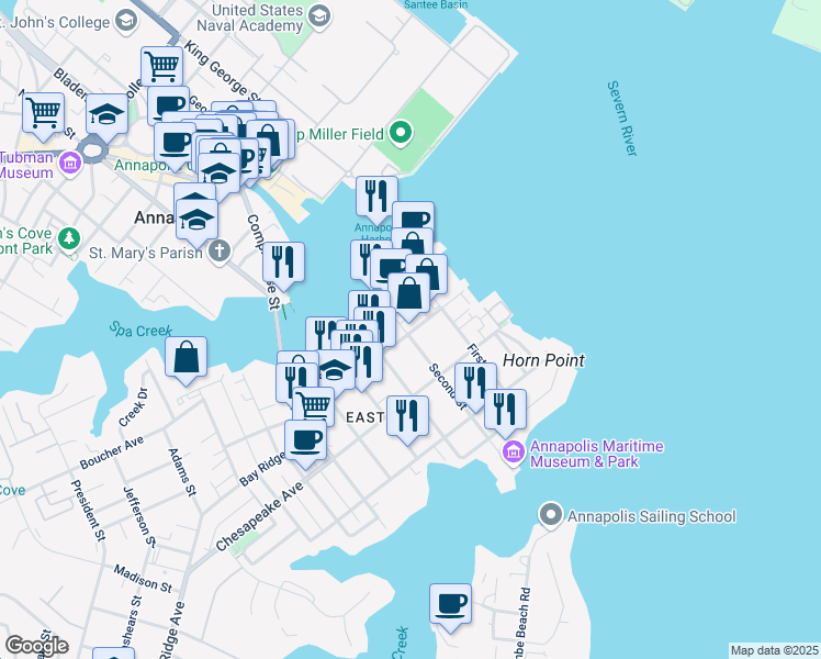 map of restaurants, bars, coffee shops, grocery stores, and more near 128 Severn Avenue in Annapolis