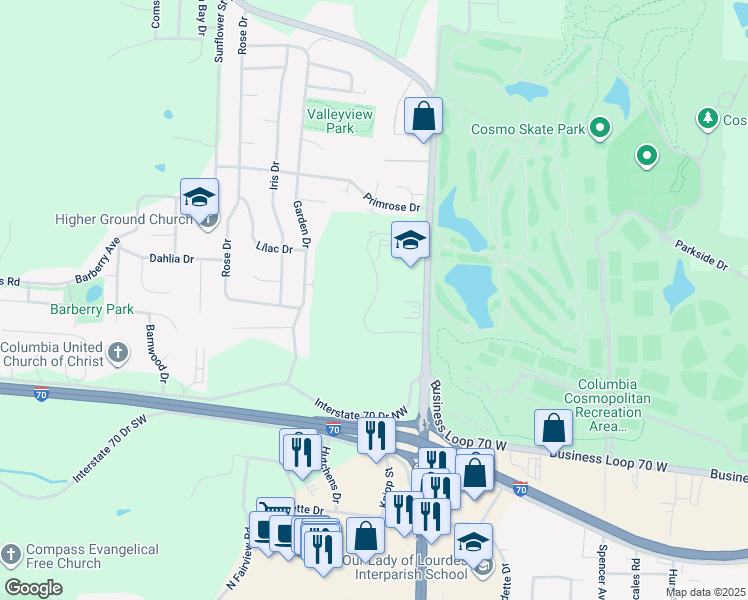 map of restaurants, bars, coffee shops, grocery stores, and more near Aaron Drive in Columbia