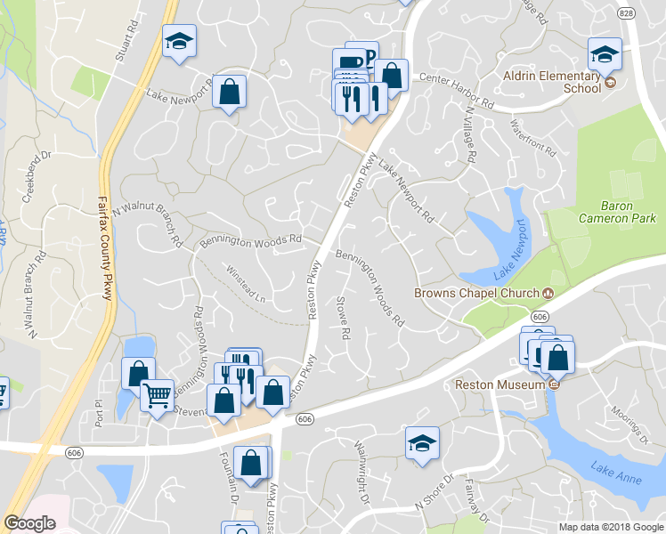 map of restaurants, bars, coffee shops, grocery stores, and more near 1594 Stowe Road in Reston