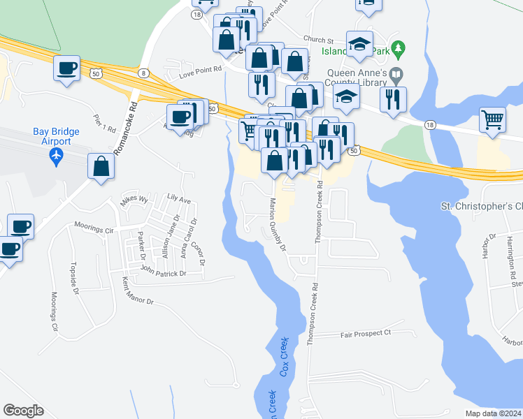 map of restaurants, bars, coffee shops, grocery stores, and more near 1501 Marion Quimby Drive in Stevensville