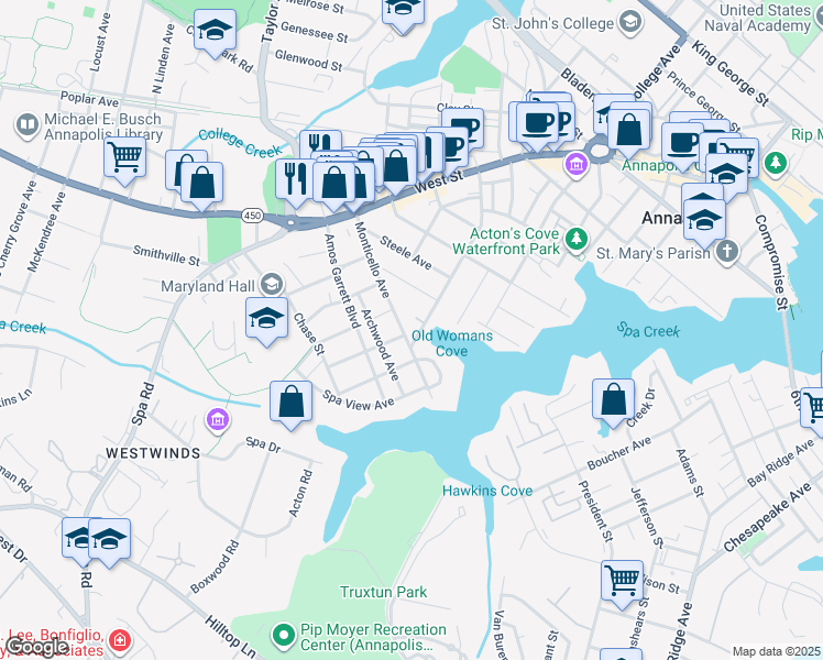 map of restaurants, bars, coffee shops, grocery stores, and more near 144 Lafayette Avenue in Annapolis