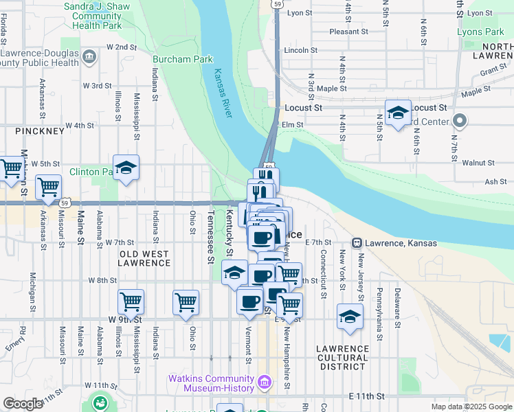 map of restaurants, bars, coffee shops, grocery stores, and more near 4 West 6th Street in Lawrence