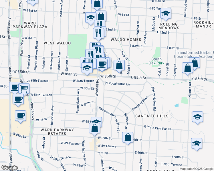 map of restaurants, bars, coffee shops, grocery stores, and more near 119 West Pocahontas Lane in Kansas City