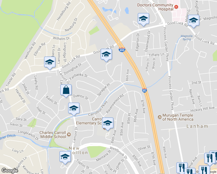map of restaurants, bars, coffee shops, grocery stores, and more near 8407 Sprague Place in New Carrollton