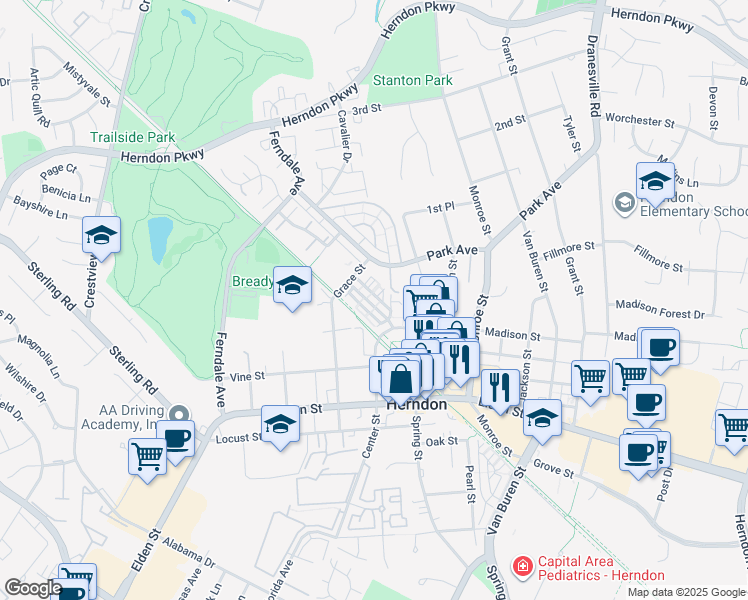 map of restaurants, bars, coffee shops, grocery stores, and more near 117 Fortnightly Boulevard in Herndon