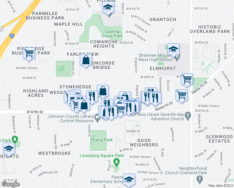 map of restaurants, bars, coffee shops, grocery stores, and more near 9606 West 86th Street in Overland Park