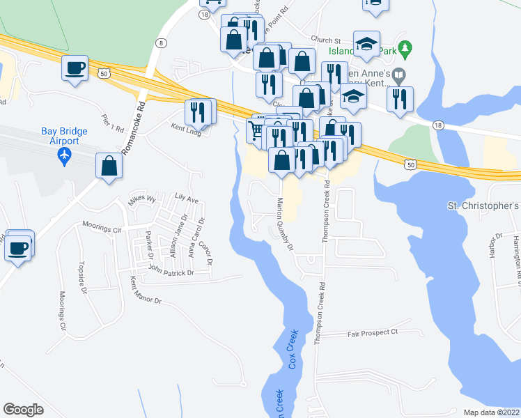 map of restaurants, bars, coffee shops, grocery stores, and more near 1705 Marion Quimby Drive in Stevensville