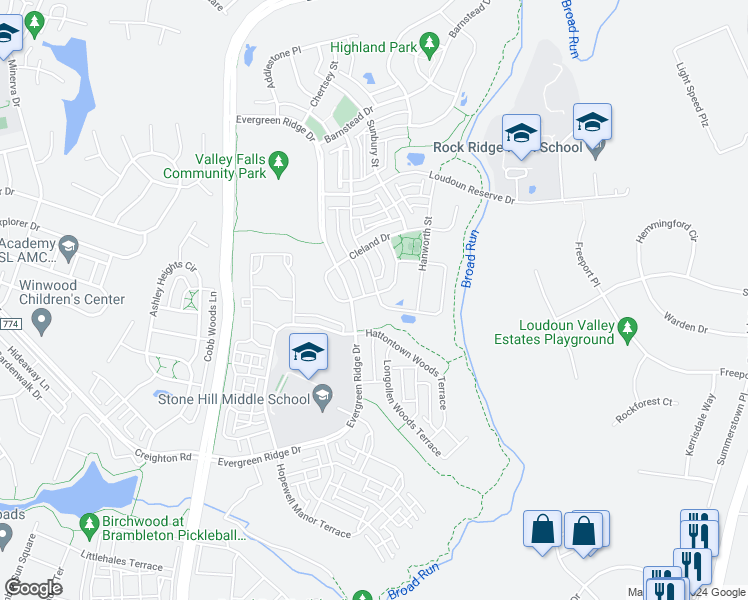 map of restaurants, bars, coffee shops, grocery stores, and more near 43147 Ashley Green Drive in Ashburn