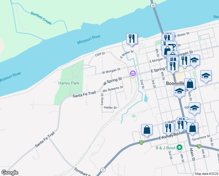 map of restaurants, bars, coffee shops, grocery stores, and more near 215 Mc Roberts Street in Boonville