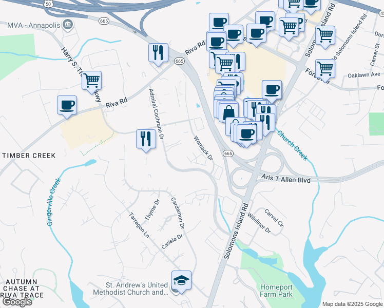 map of restaurants, bars, coffee shops, grocery stores, and more near 216 Wesley Brown Lane in Annapolis