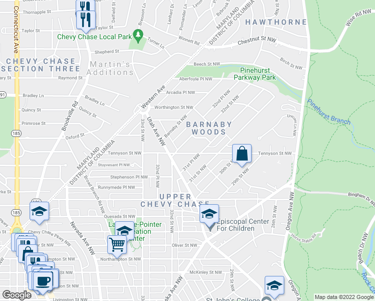 map of restaurants, bars, coffee shops, grocery stores, and more near 3151 Tennyson Street Northwest in Washington