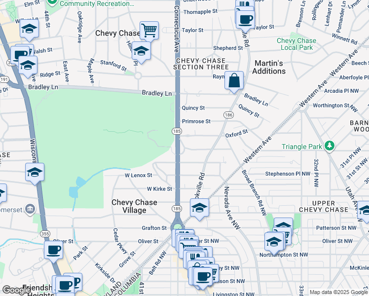 map of restaurants, bars, coffee shops, grocery stores, and more near 2 Newlands Street in Chevy Chase