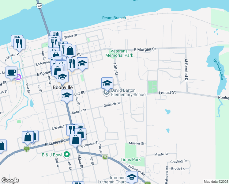 map of restaurants, bars, coffee shops, grocery stores, and more near 918 Ravenel in Boonville