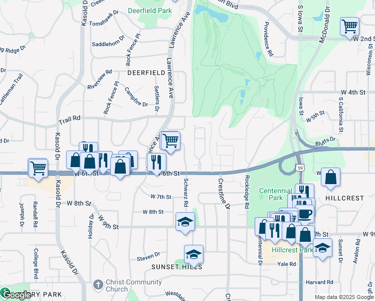 map of restaurants, bars, coffee shops, grocery stores, and more near 536 Schwarz Road in Lawrence