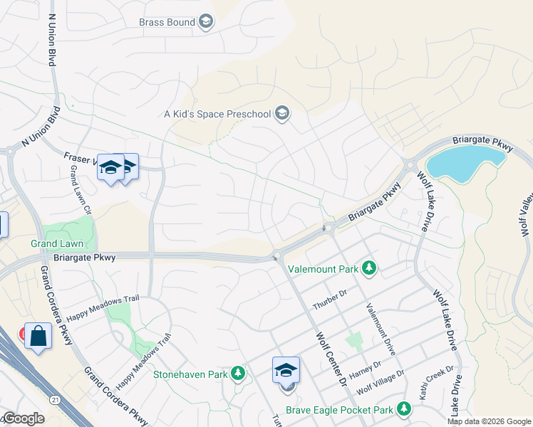 map of restaurants, bars, coffee shops, grocery stores, and more near 10124 Thrive Lane in Colorado Springs