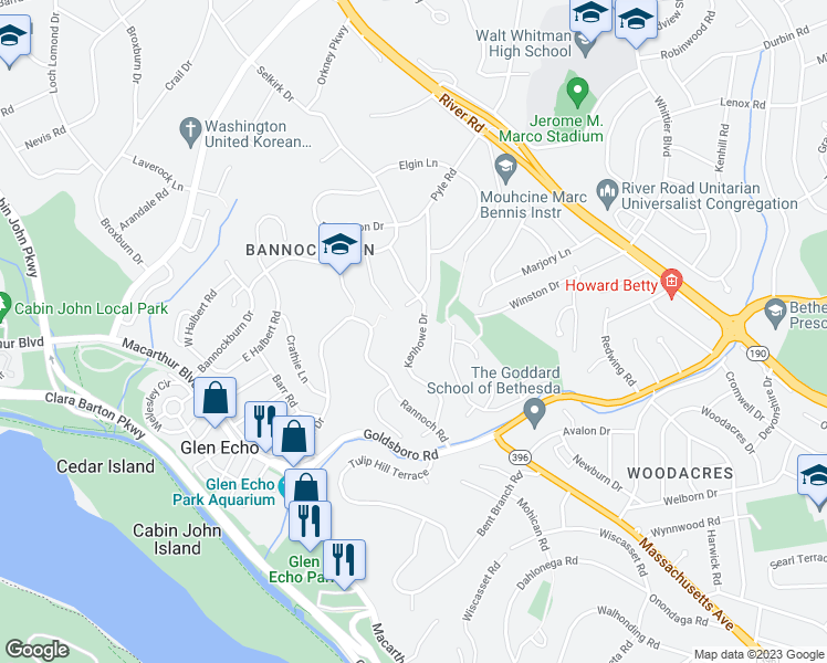 map of restaurants, bars, coffee shops, grocery stores, and more near 6422 Kenhowe Drive in Bethesda