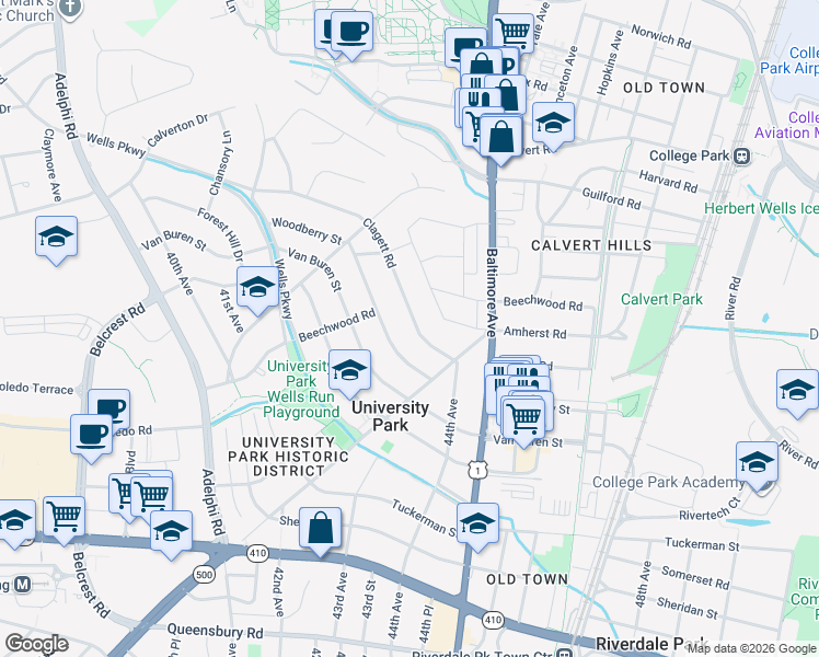 map of restaurants, bars, coffee shops, grocery stores, and more near 4325 Clagett Road in University Park