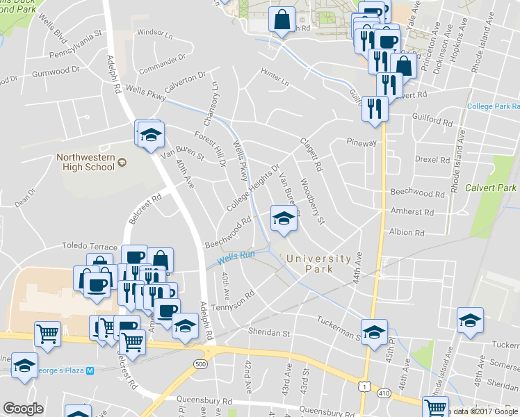 map of restaurants, bars, coffee shops, grocery stores, and more near 6701 Wells Parkway in University Park