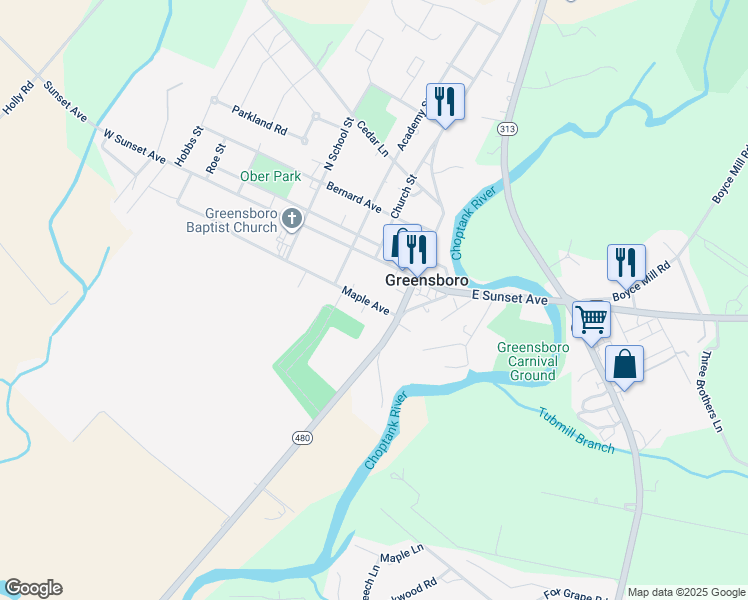 map of restaurants, bars, coffee shops, grocery stores, and more near 104 Maple Avenue in Greensboro