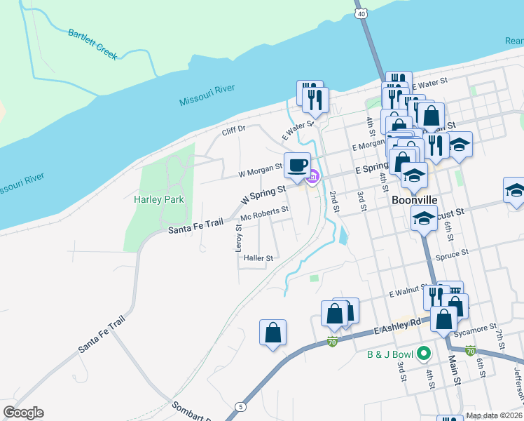 map of restaurants, bars, coffee shops, grocery stores, and more near 215 Mc Roberts Street in Boonville