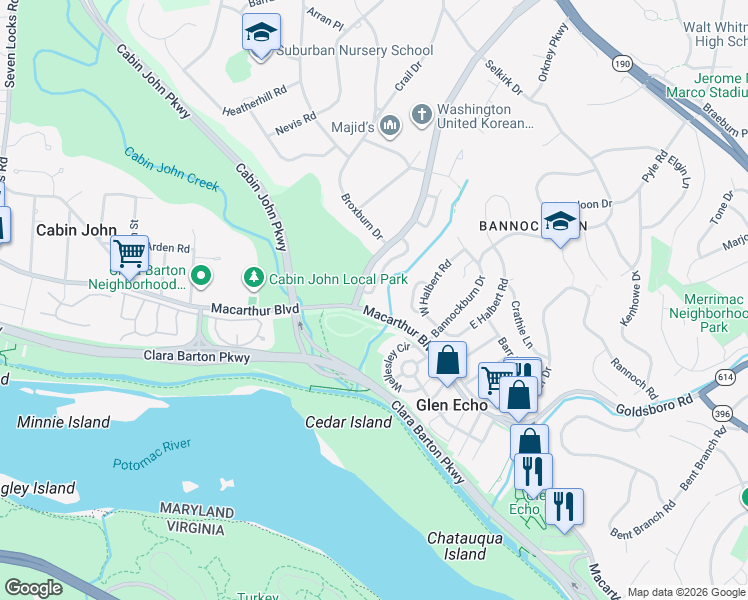 map of restaurants, bars, coffee shops, grocery stores, and more near 7125 Braeburn Place in Bethesda