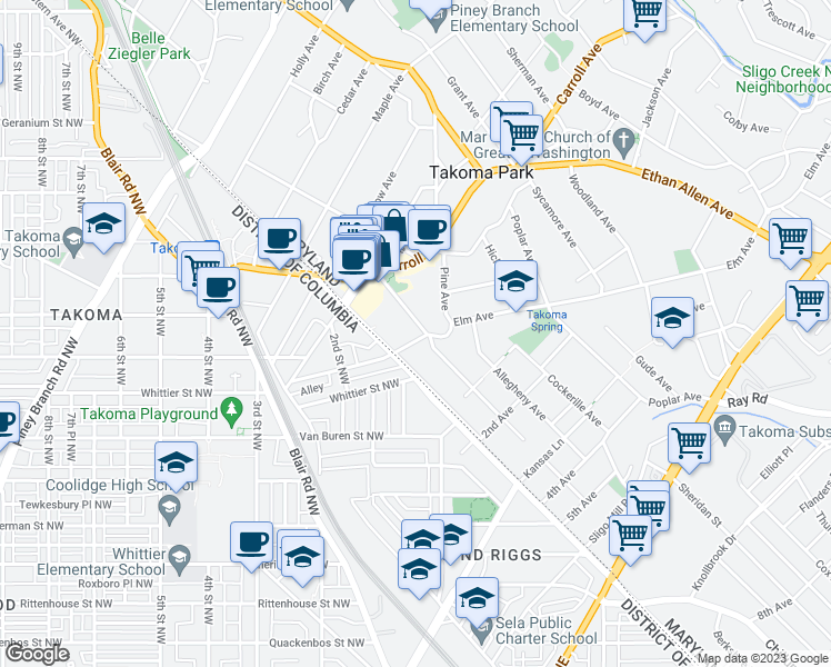 map of restaurants, bars, coffee shops, grocery stores, and more near 66 Walnut Avenue in Takoma Park