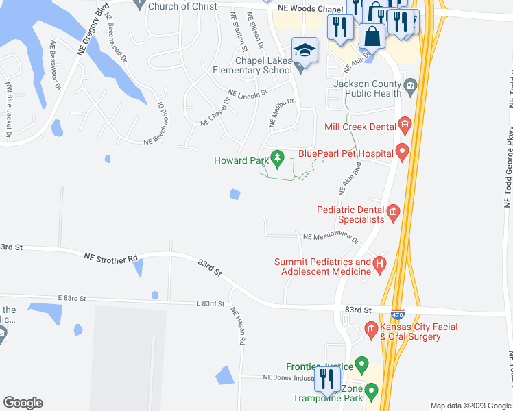 map of restaurants, bars, coffee shops, grocery stores, and more near 3360 Northeast Wilshire Drive in Lee's Summit