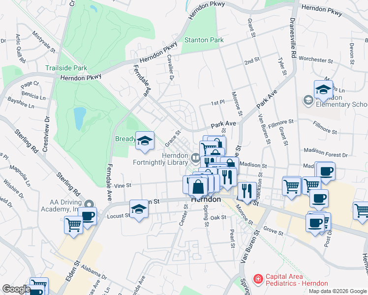 map of restaurants, bars, coffee shops, grocery stores, and more near 119 Fortnightly Boulevard in Herndon