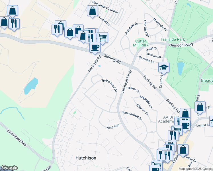 map of restaurants, bars, coffee shops, grocery stores, and more near 1404 Summerset Place in Herndon